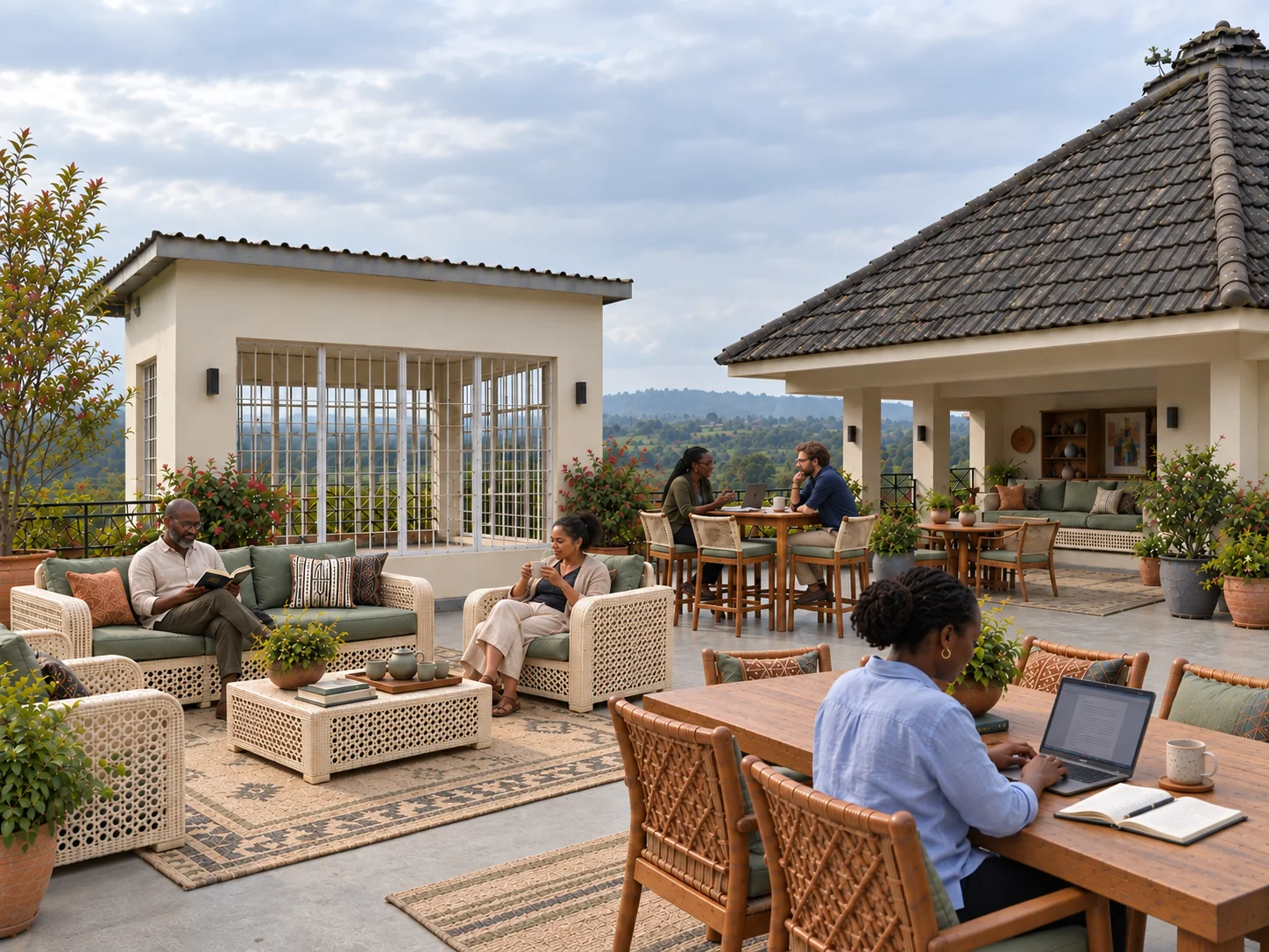 Rooftop with sage-green seating, worktables and people reading and writing