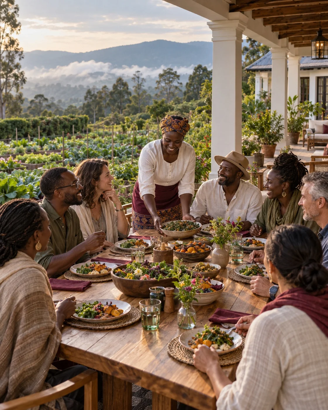 a group sharing a meal outdoors