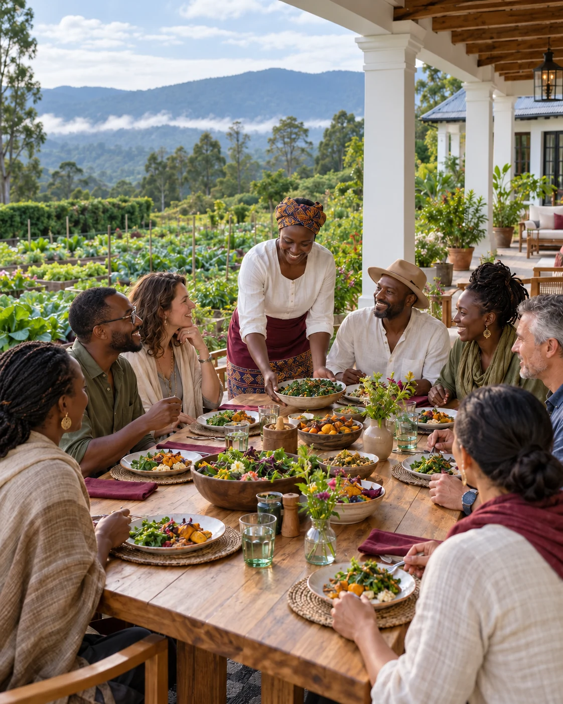 a group sharing a meal outdoors